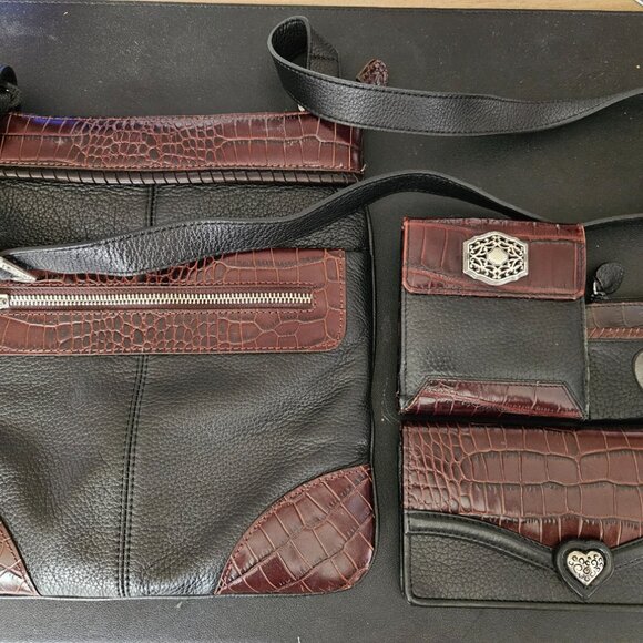 Brighton Brown Leather Croc Embossed Flap Crossbody, 2 Wallets and Coin Purse - Picture 1 of 12